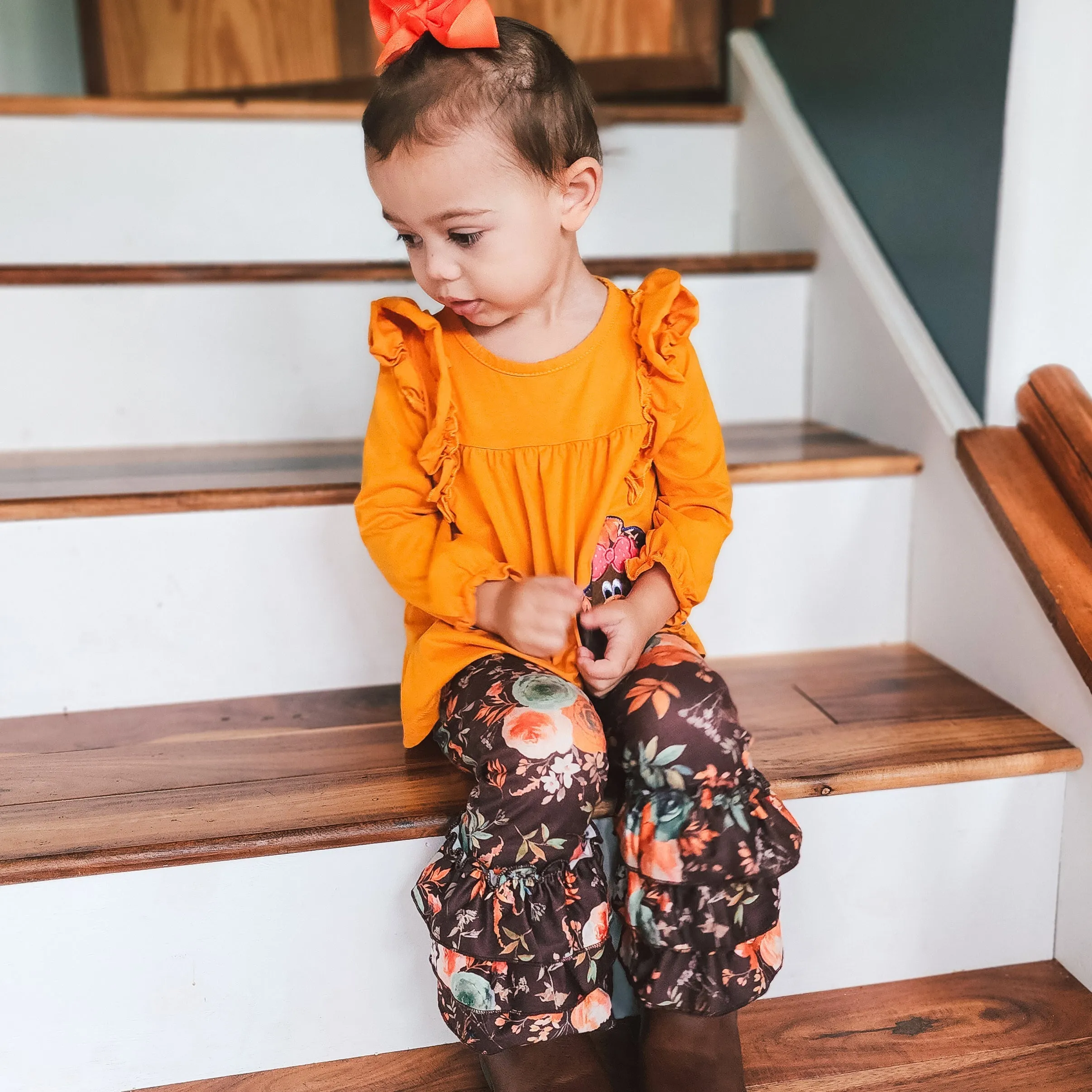 Girls Orange Fall Thanksgiving Turkey Tunic & Ruffle Pants