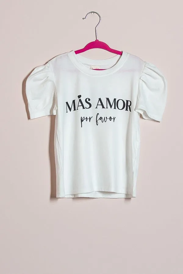 Girls white puff sleeve cotton "Mas Amor por favor" T-shirt and black linen shorts - Kids clothing