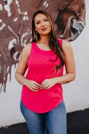 Hot Pink Basic Sleeveless Curved Hem Relaxed Fit Tank