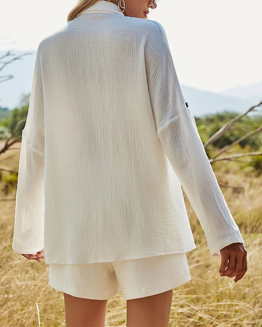 Kiss Nature Cotton Linen Shirt Top Shorts Set - White