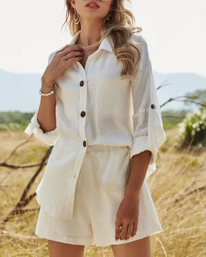 Kiss Nature Cotton Linen Shirt Top Shorts Set - White