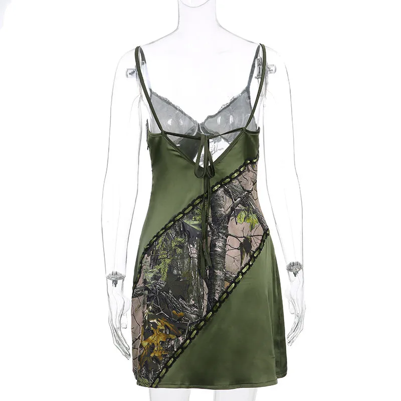Lace Bow V neck Strap Dress Retro
