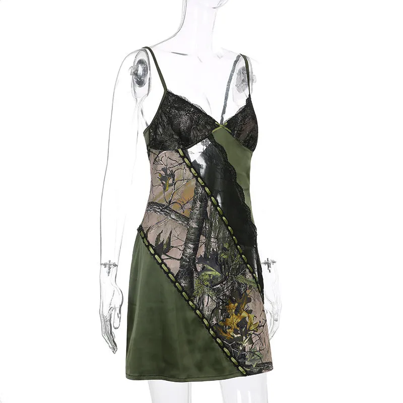 Lace Bow V neck Strap Dress Retro