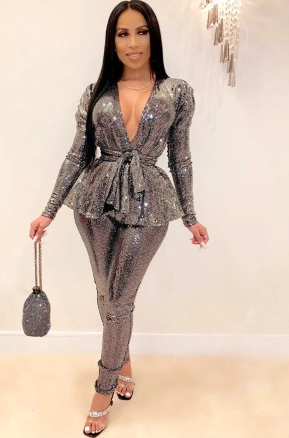 Ladies Sparkle Front Tie Pants Set