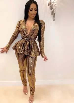 Ladies Sparkle Front Tie Pants Set
