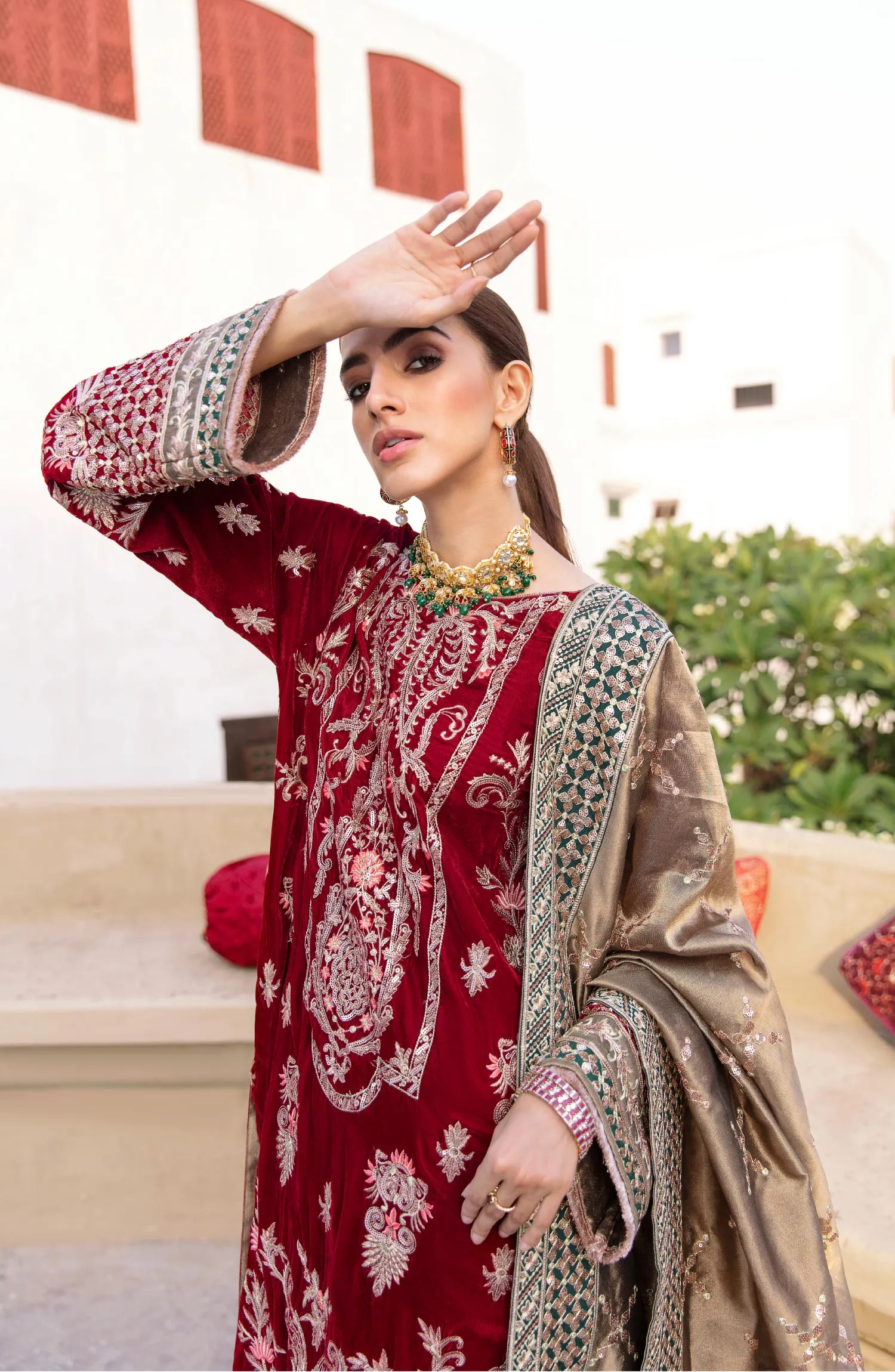 Latest Pakistani Red Dress in Velvet by Designer #PF279