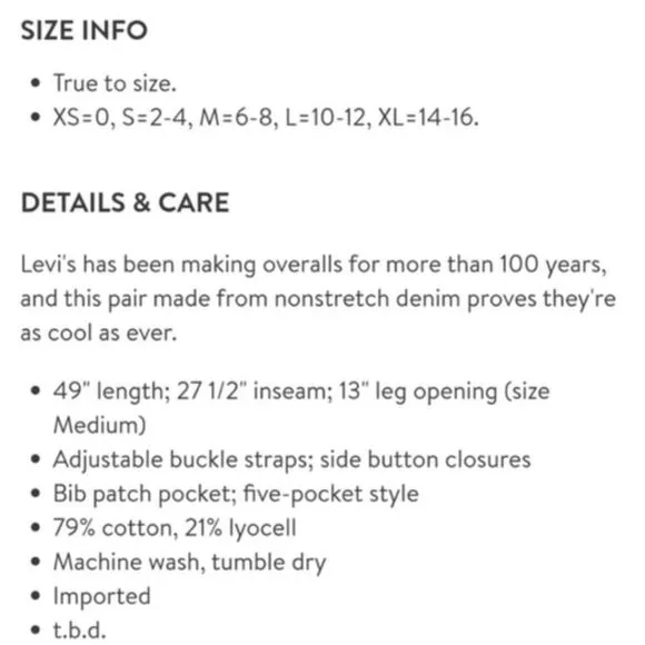 Levi’s Original Big Mouth Denim Overalls $128 S M L Dark Wash Womens Free People