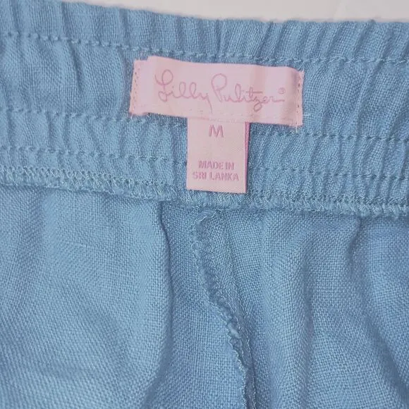 Lilly Pulitzer Size Medium Blue Linen Baybreeze Pull On Shorts Drawstring Waist