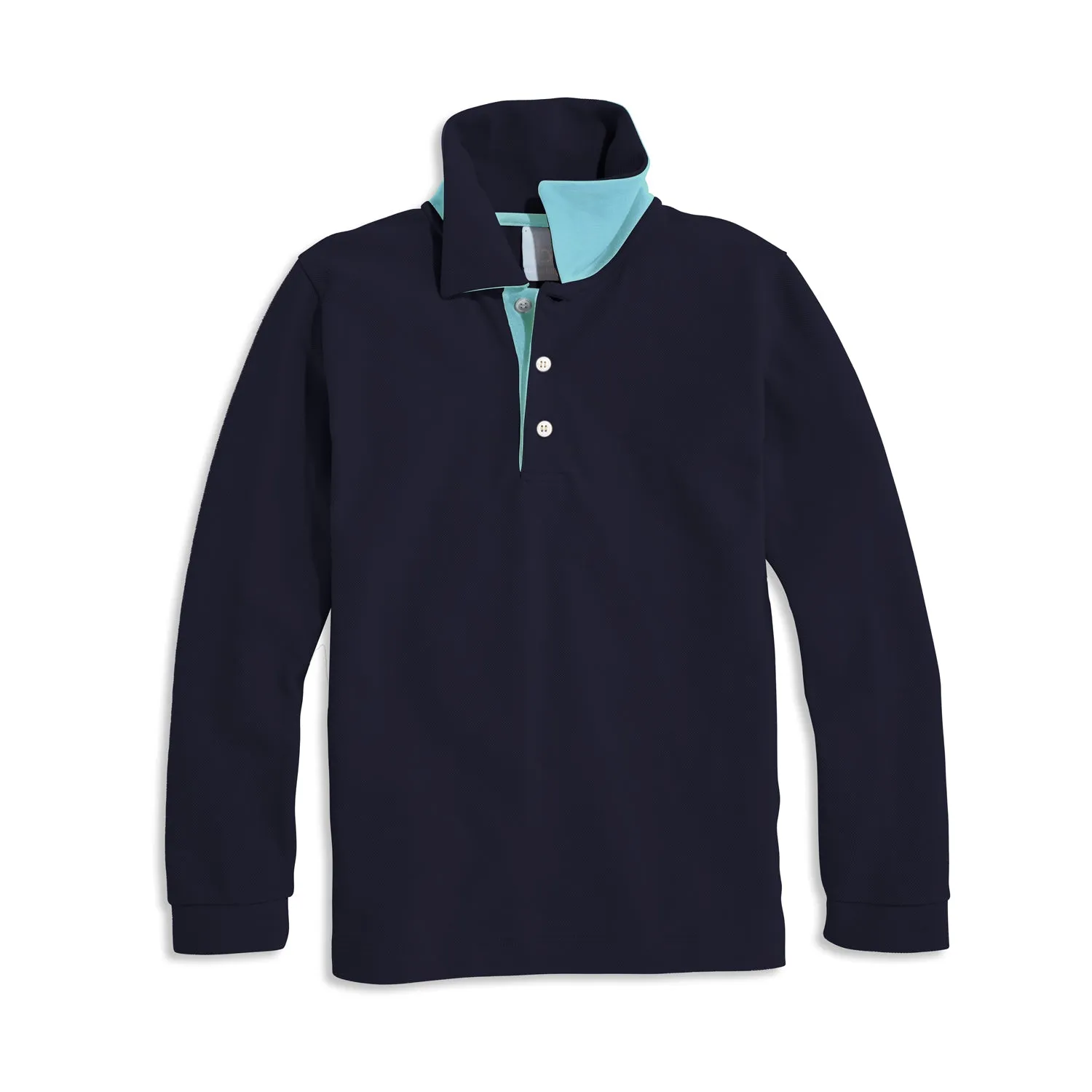 Long Sleeve Contrast Trim Pique Polo -- Navy w/ Aqua