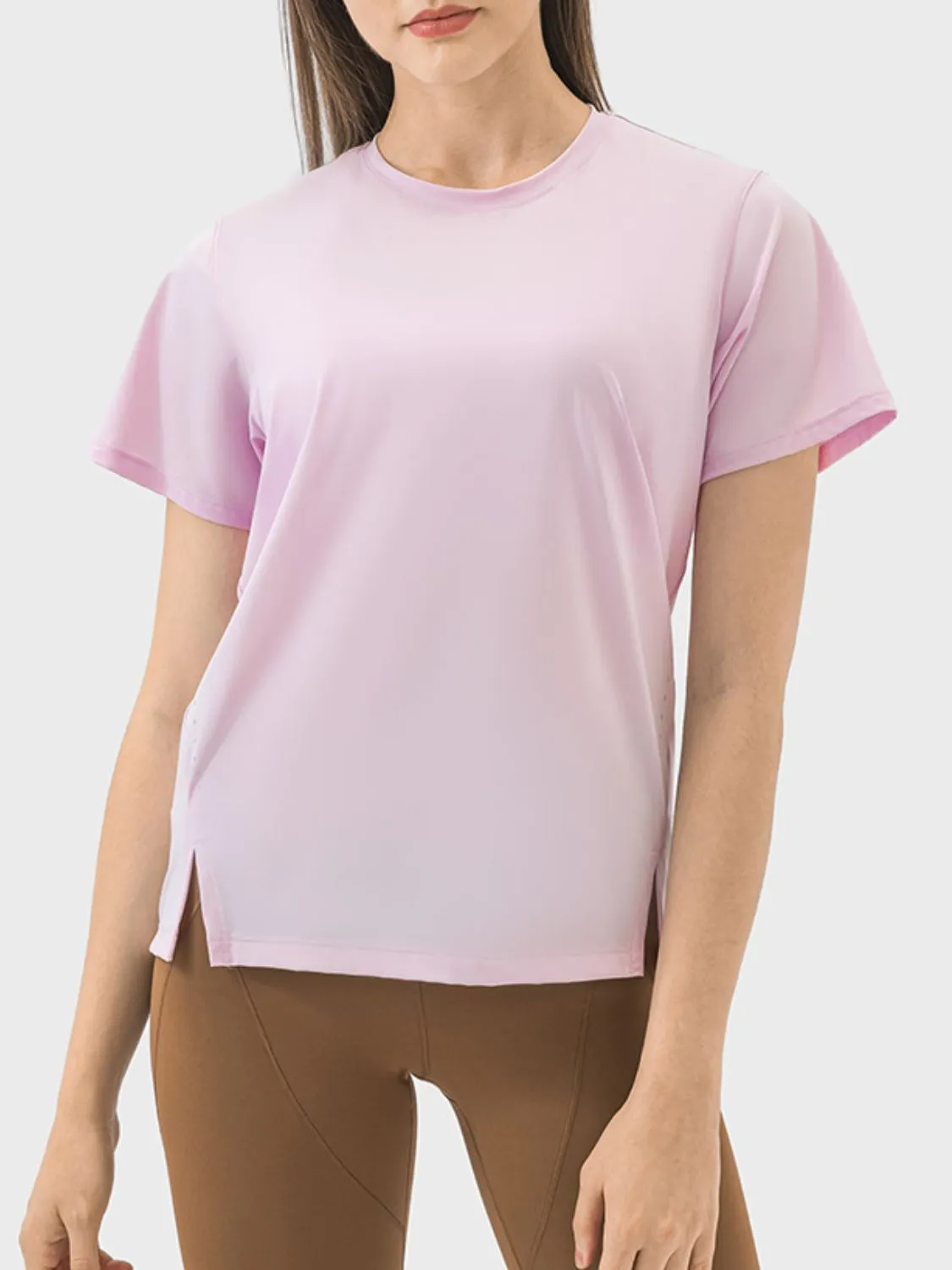 Malena Slit Round Neck Short Sleeve Active T-Shirt