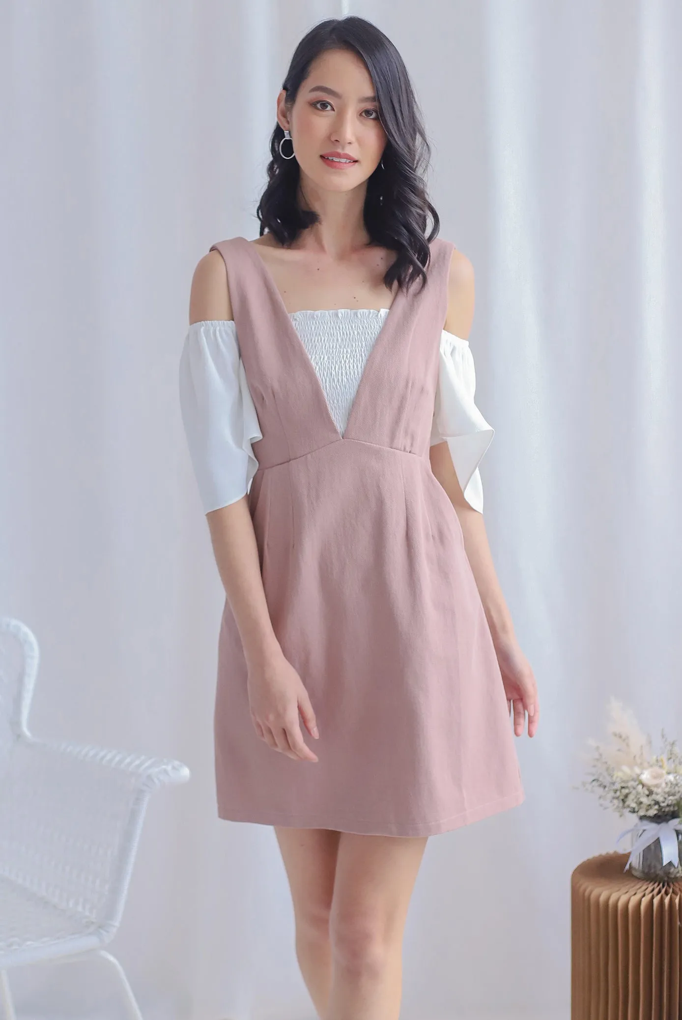 Manya V Pinafore Dress In Blush