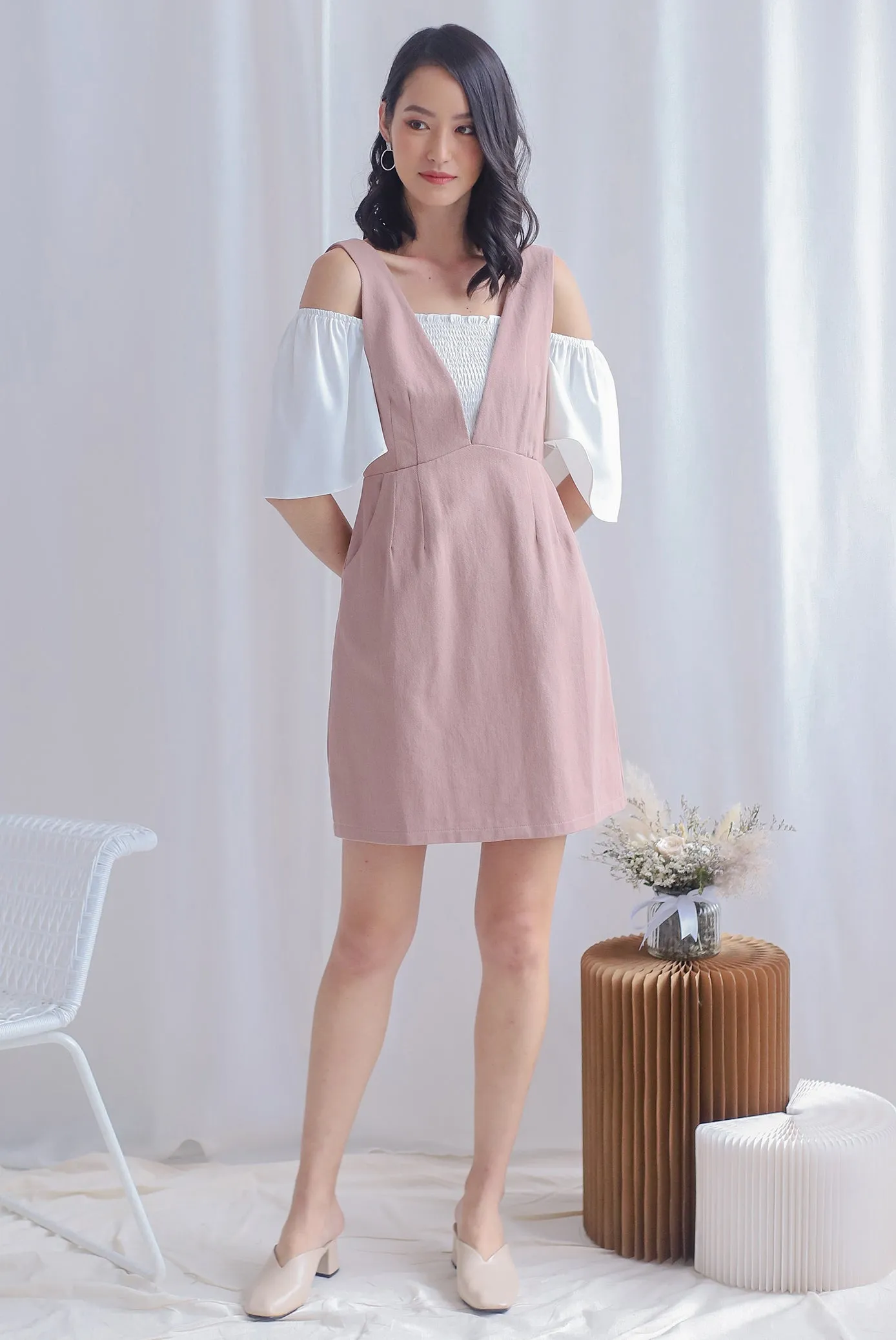 Manya V Pinafore Dress In Blush