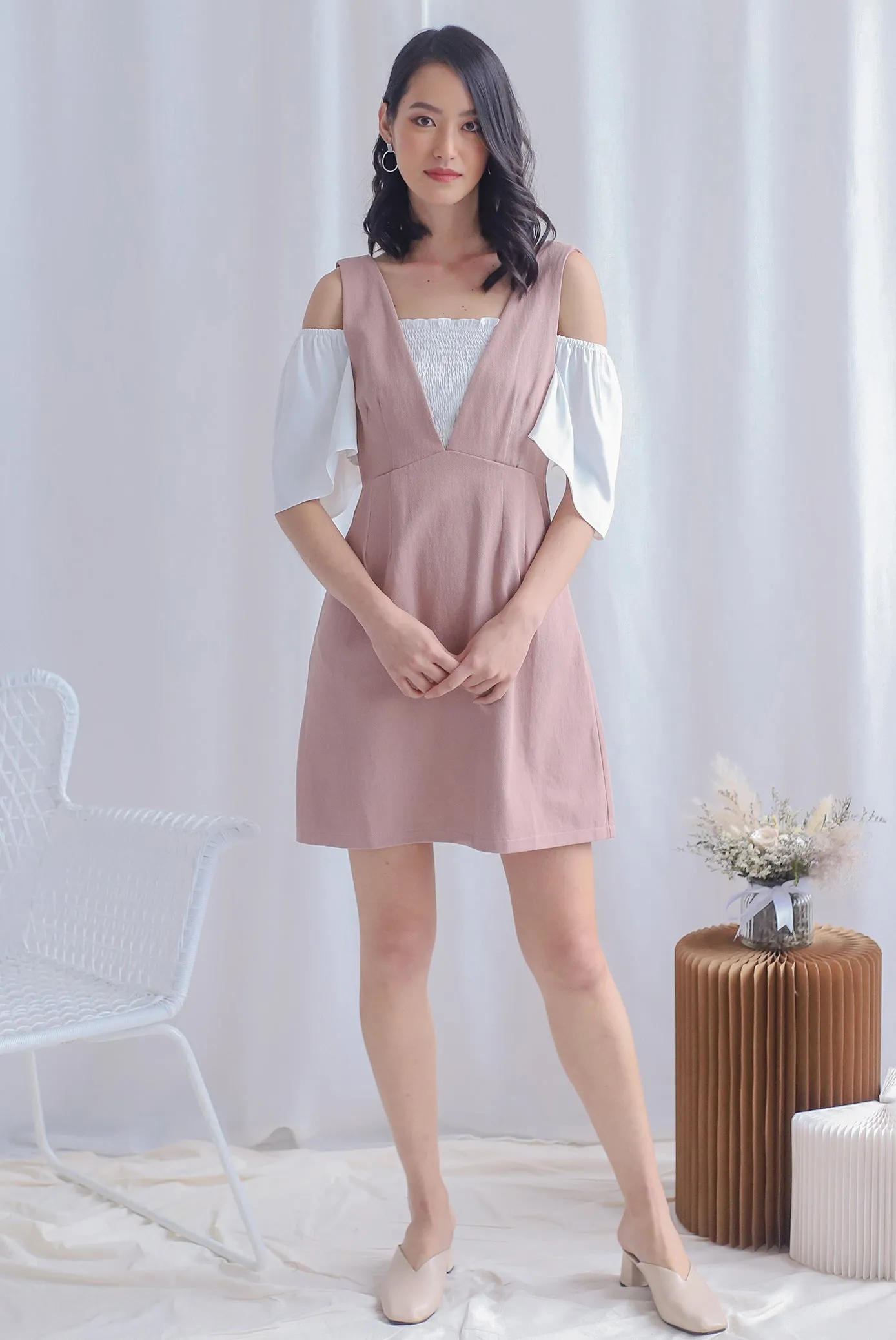 Manya V Pinafore Dress In Blush