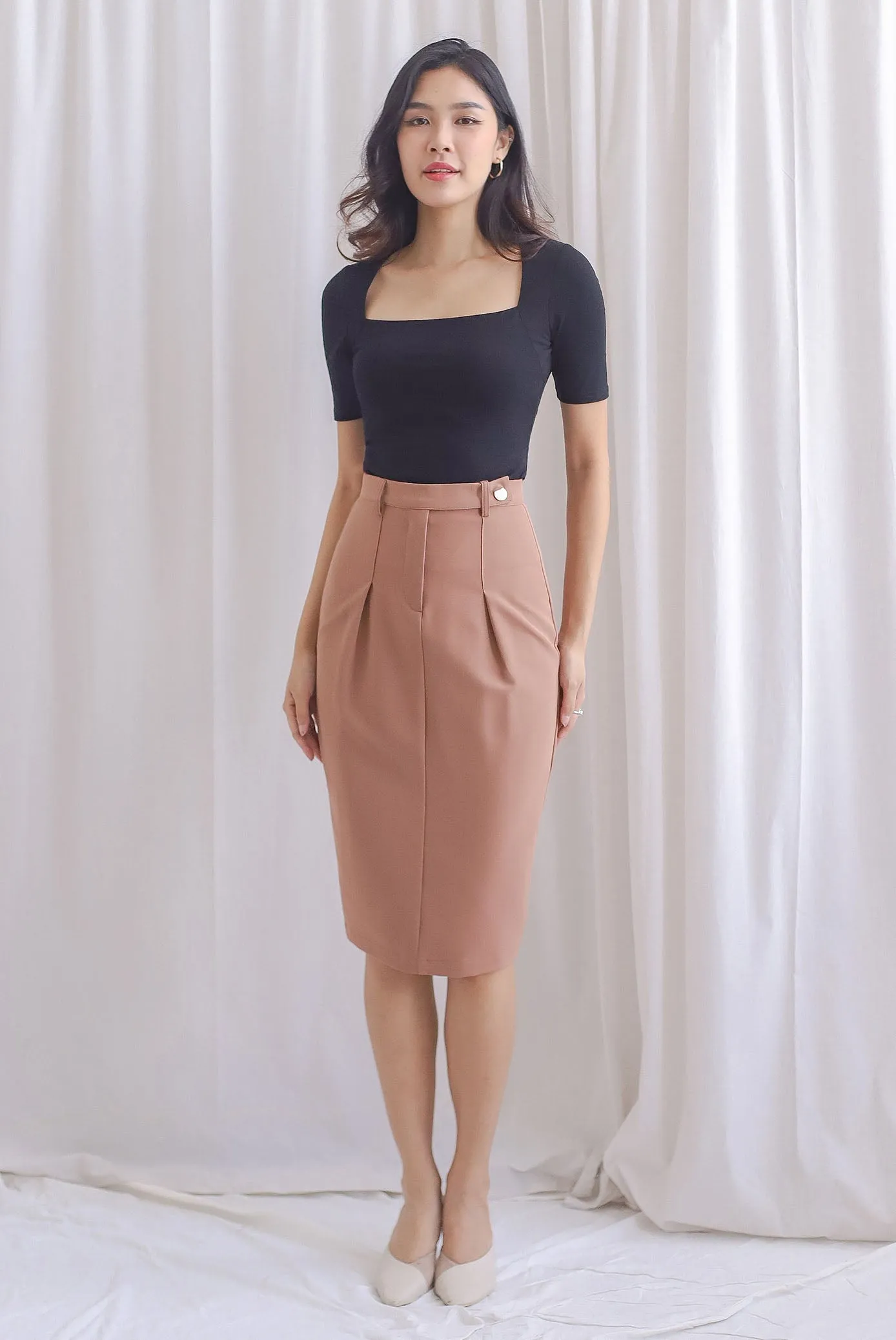 Mia Button Pencil Skirt In Mocha