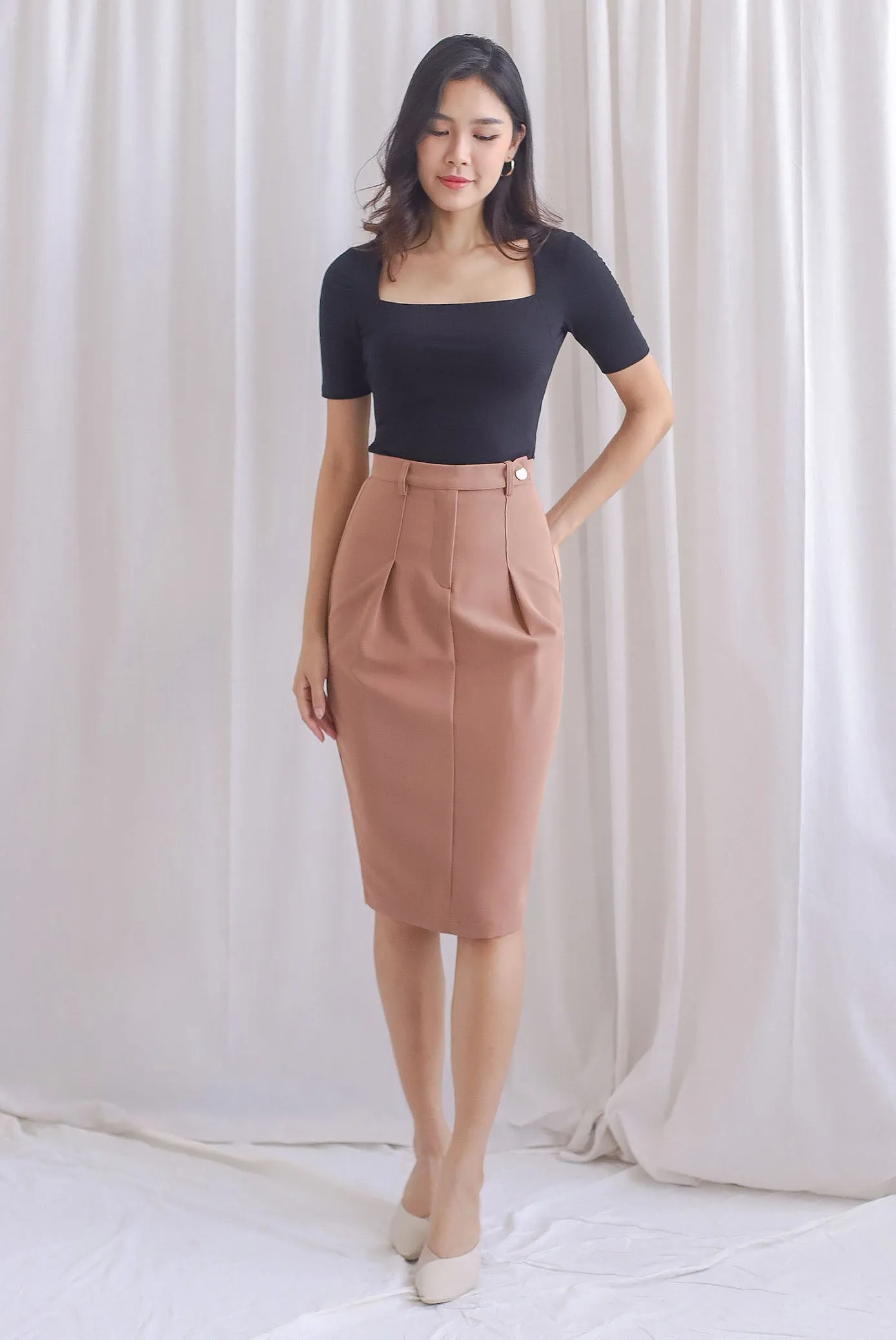 Mia Button Pencil Skirt In Mocha