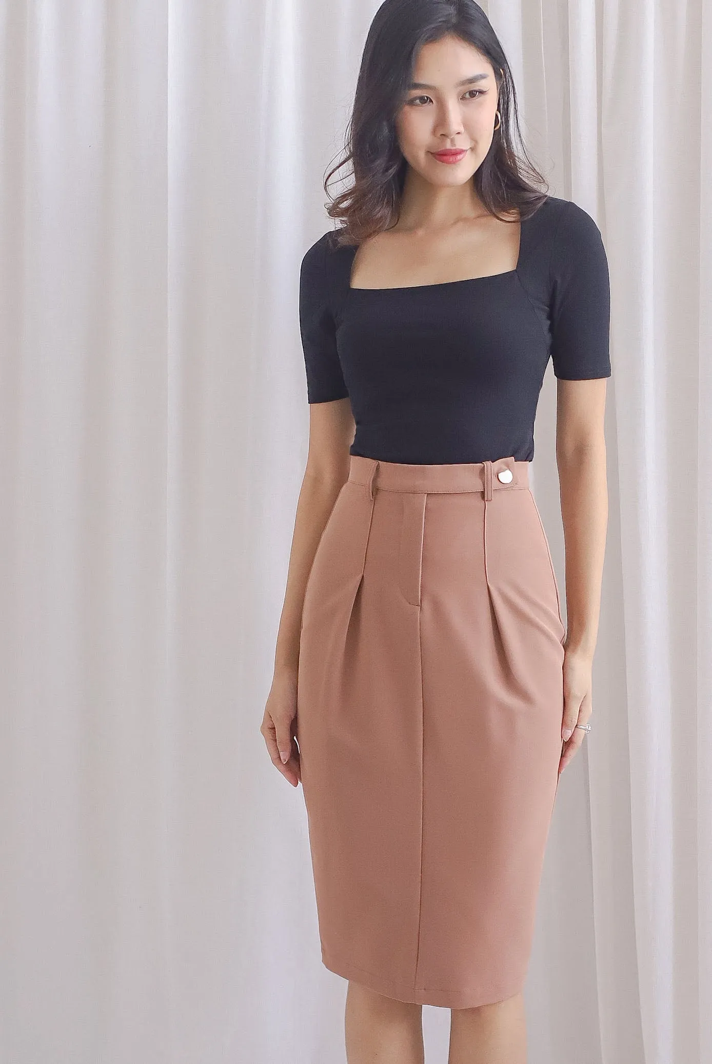 Mia Button Pencil Skirt In Mocha