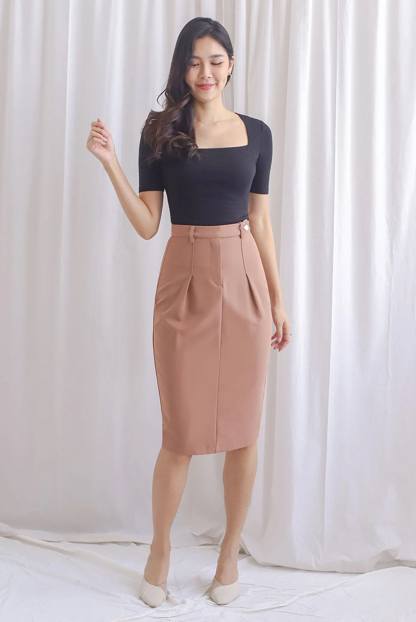 Mia Button Pencil Skirt In Mocha