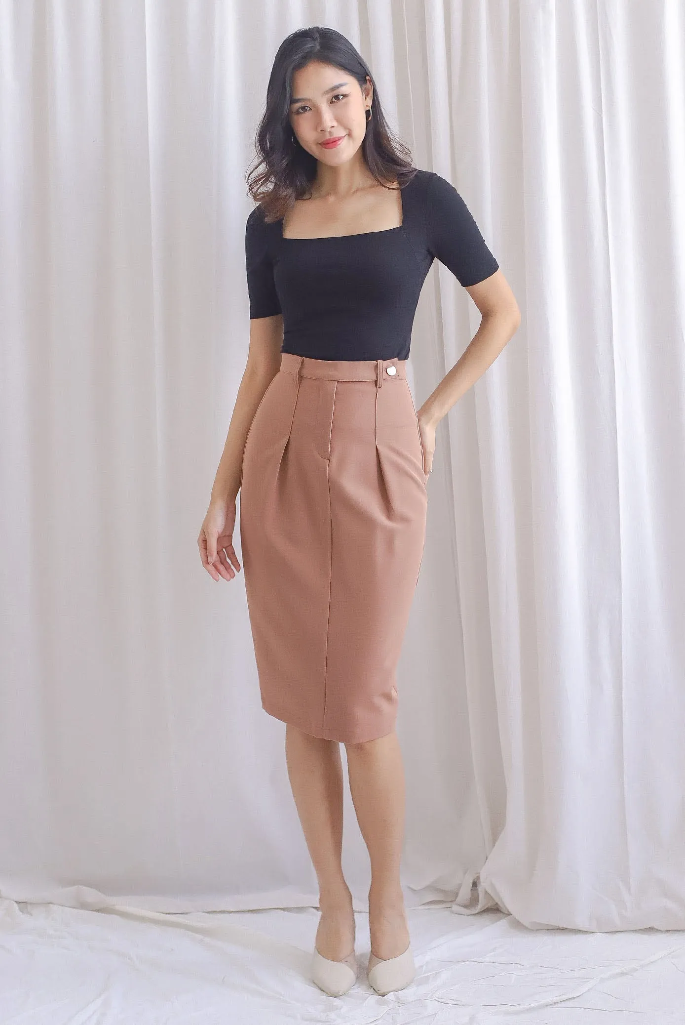 Mia Button Pencil Skirt In Mocha
