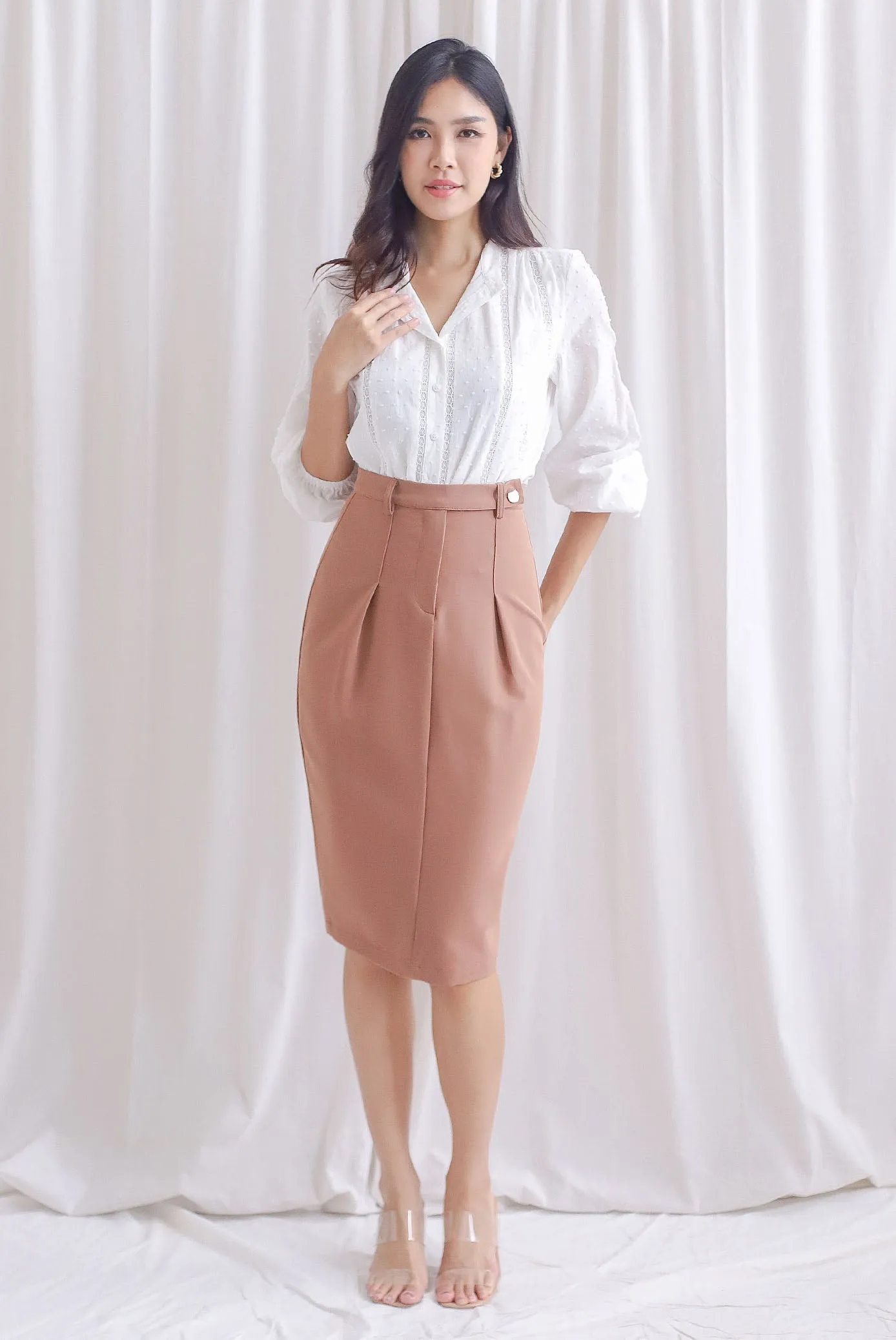 Mia Button Pencil Skirt In Mocha
