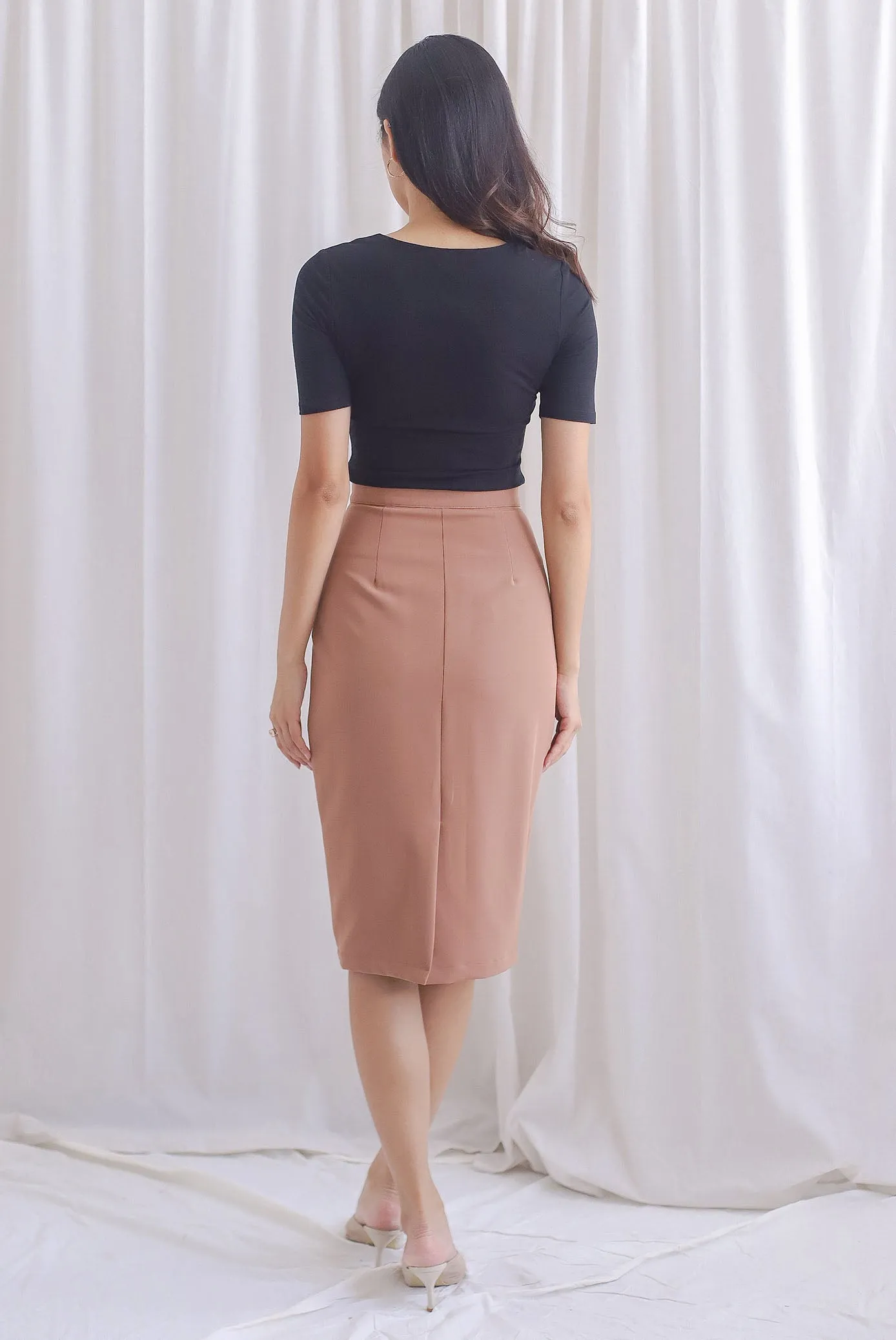 Mia Button Pencil Skirt In Mocha