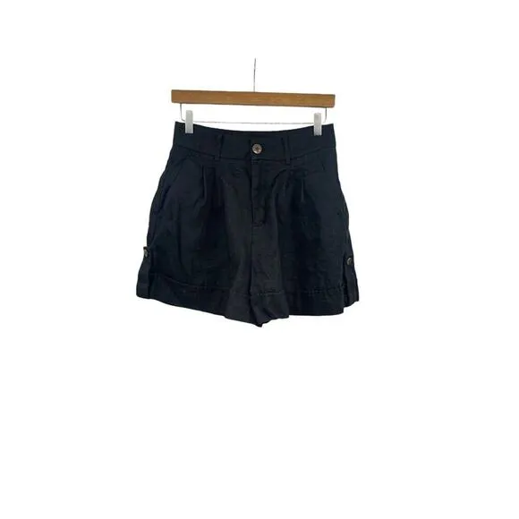 Monoloq Clothing Black High Rise Pleated Linen Feel Minimalist Shorts 38/M