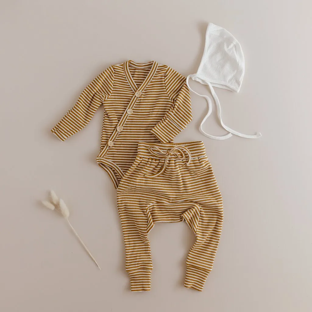 Mustard Stripe Rib Cotton Stretch Harem Pants