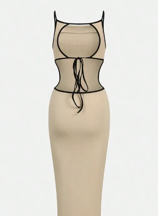 NEW SHEIN Privé Women's Ribbed Knit Backless Colorblock Cami Dress With Lace-Up Detail, Sz S