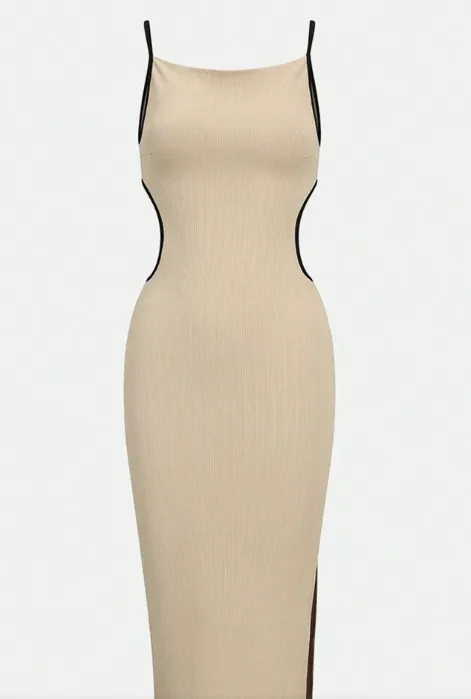 NEW SHEIN Privé Women's Ribbed Knit Backless Colorblock Cami Dress With Lace-Up Detail, Sz S