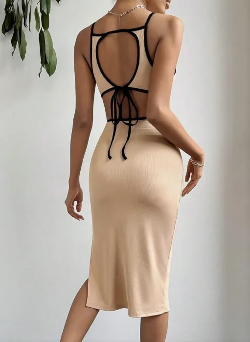 NEW SHEIN Privé Women's Ribbed Knit Backless Colorblock Cami Dress With Lace-Up Detail, Sz S