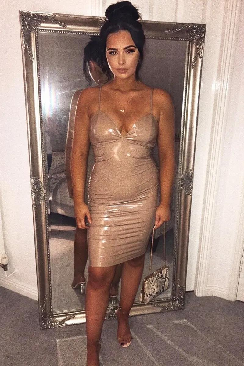 Nude Vinyl Plunge Midi Dress - Manuela