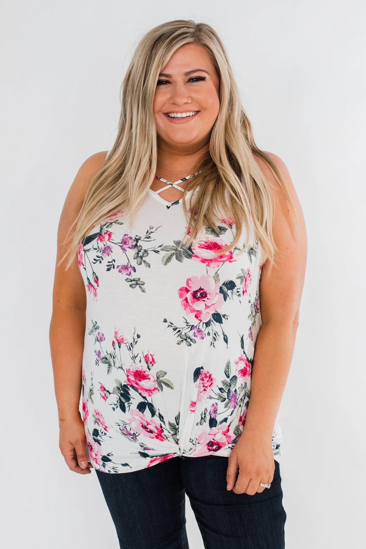 On Repeat Floral Criss Cross Tank Top- White