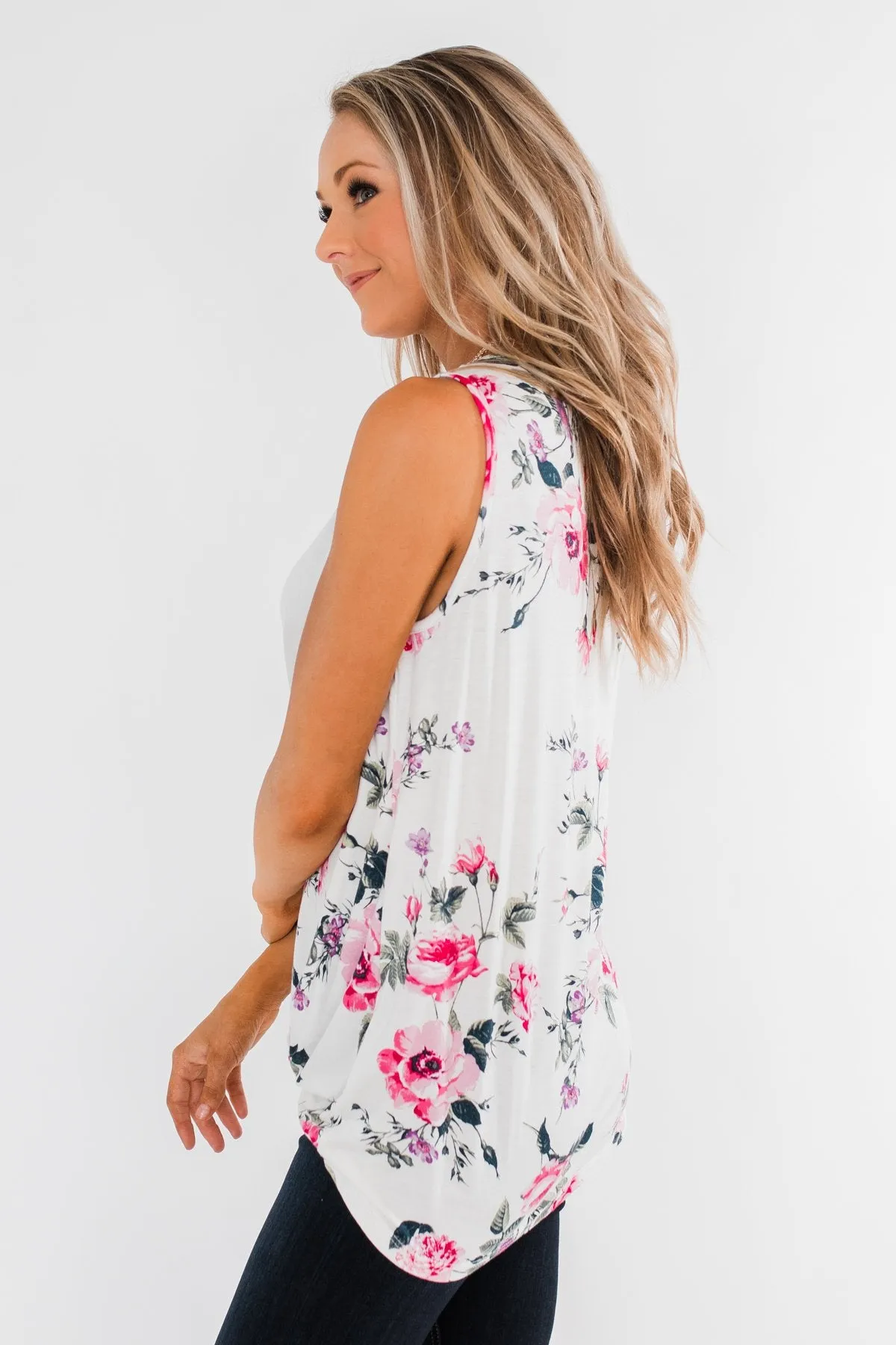 On Repeat Floral Criss Cross Tank Top- White