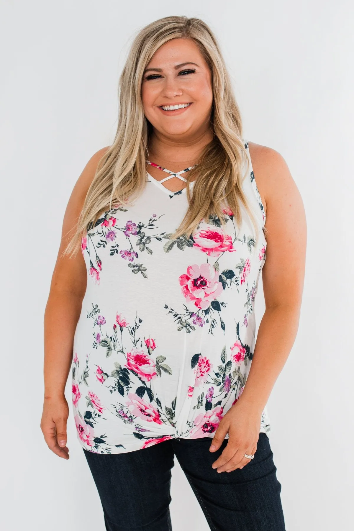 On Repeat Floral Criss Cross Tank Top- White