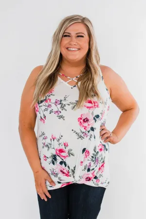 On Repeat Floral Criss Cross Tank Top- White