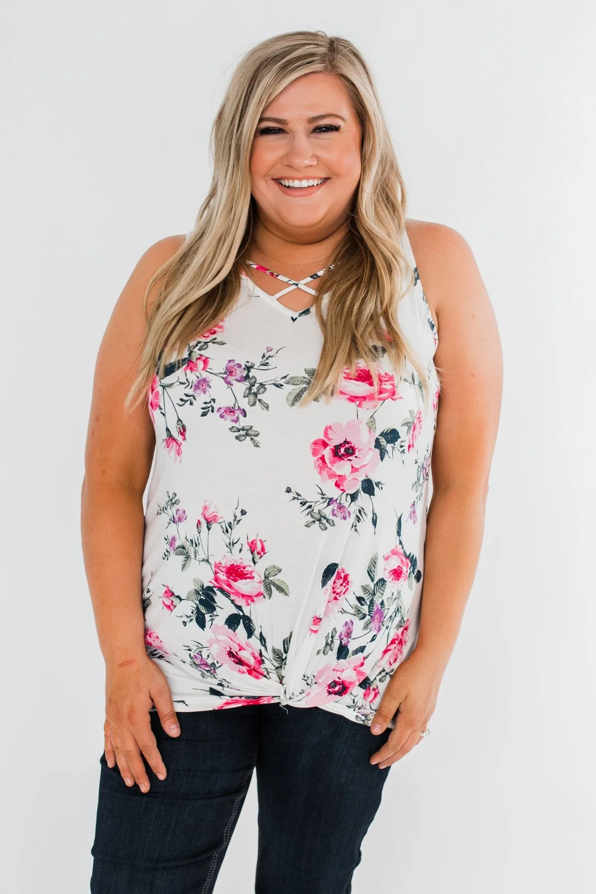 On Repeat Floral Criss Cross Tank Top- White