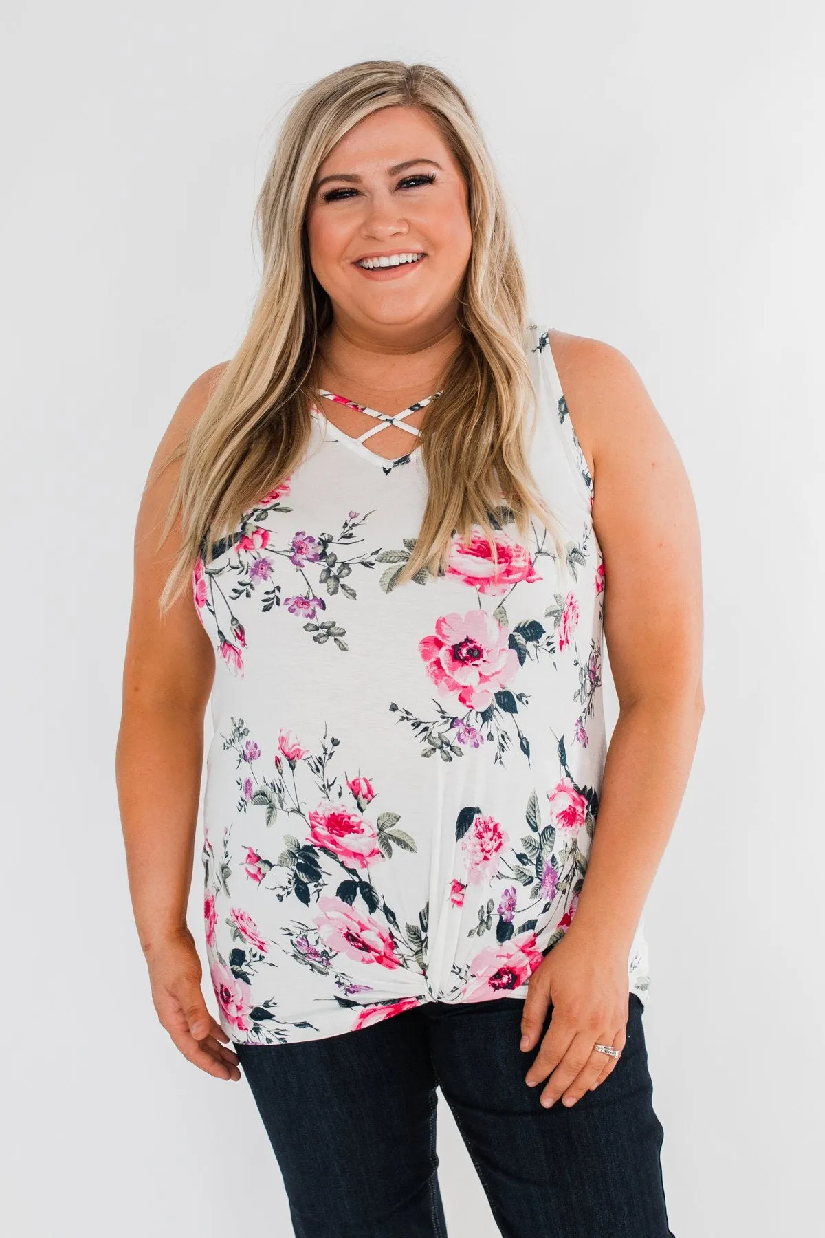 On Repeat Floral Criss Cross Tank Top- White