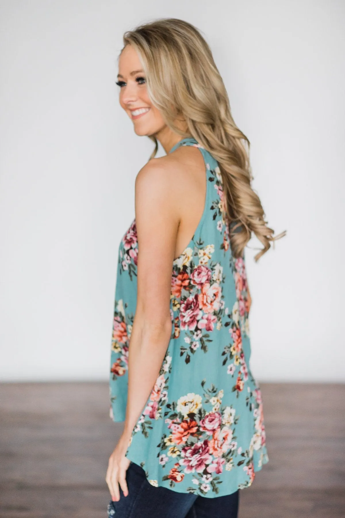 One Spring Day Floral Tank Top ~ Antique Blue