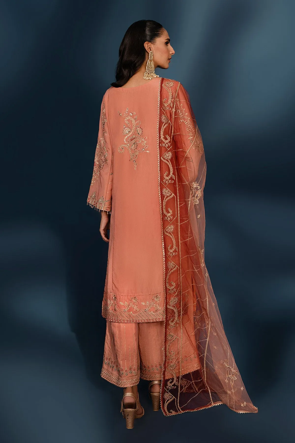 Pakistani Salwar Suit Peach Pink Embroidered Salwar Kameez Dupatta