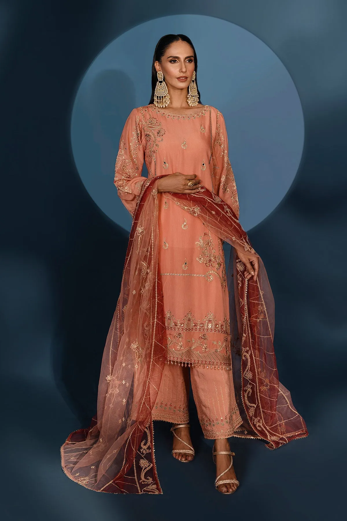 Pakistani Salwar Suit Peach Pink Embroidered Salwar Kameez Dupatta