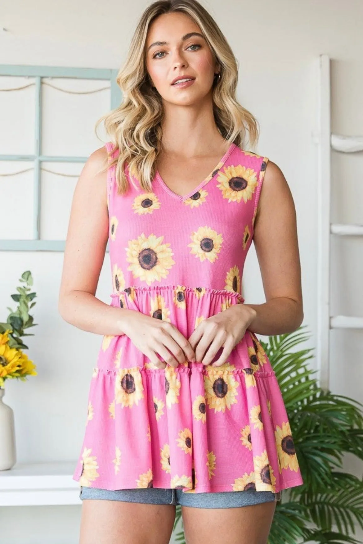 Pink Sunflower Babydoll Tank