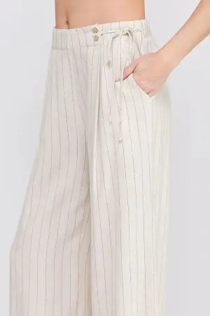 PINSTRIPE LINEN ELASTIC BACK WAIST SIDE TIE PANTS