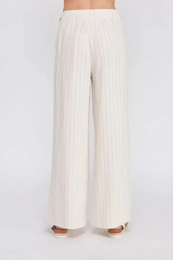 PINSTRIPE LINEN ELASTIC BACK WAIST SIDE TIE PANTS