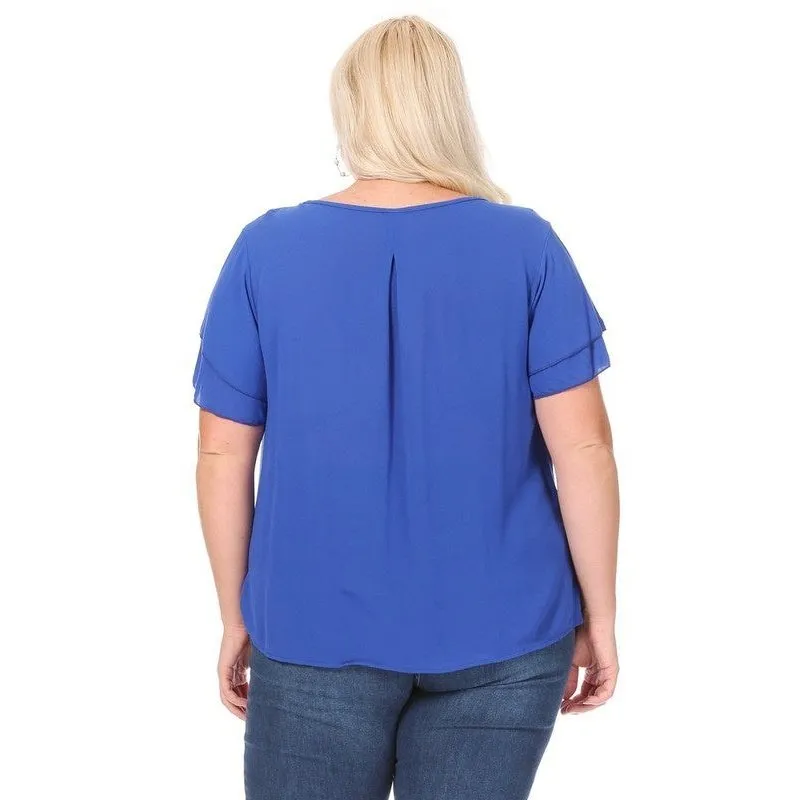 Plus size, short flutter sleeve keyhole blouse.