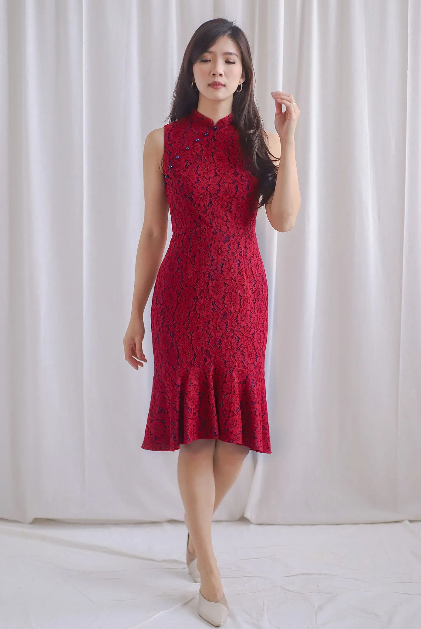 Prosperity Beads Mermaid Oriental Cheongsam Dress In Wine/Navy