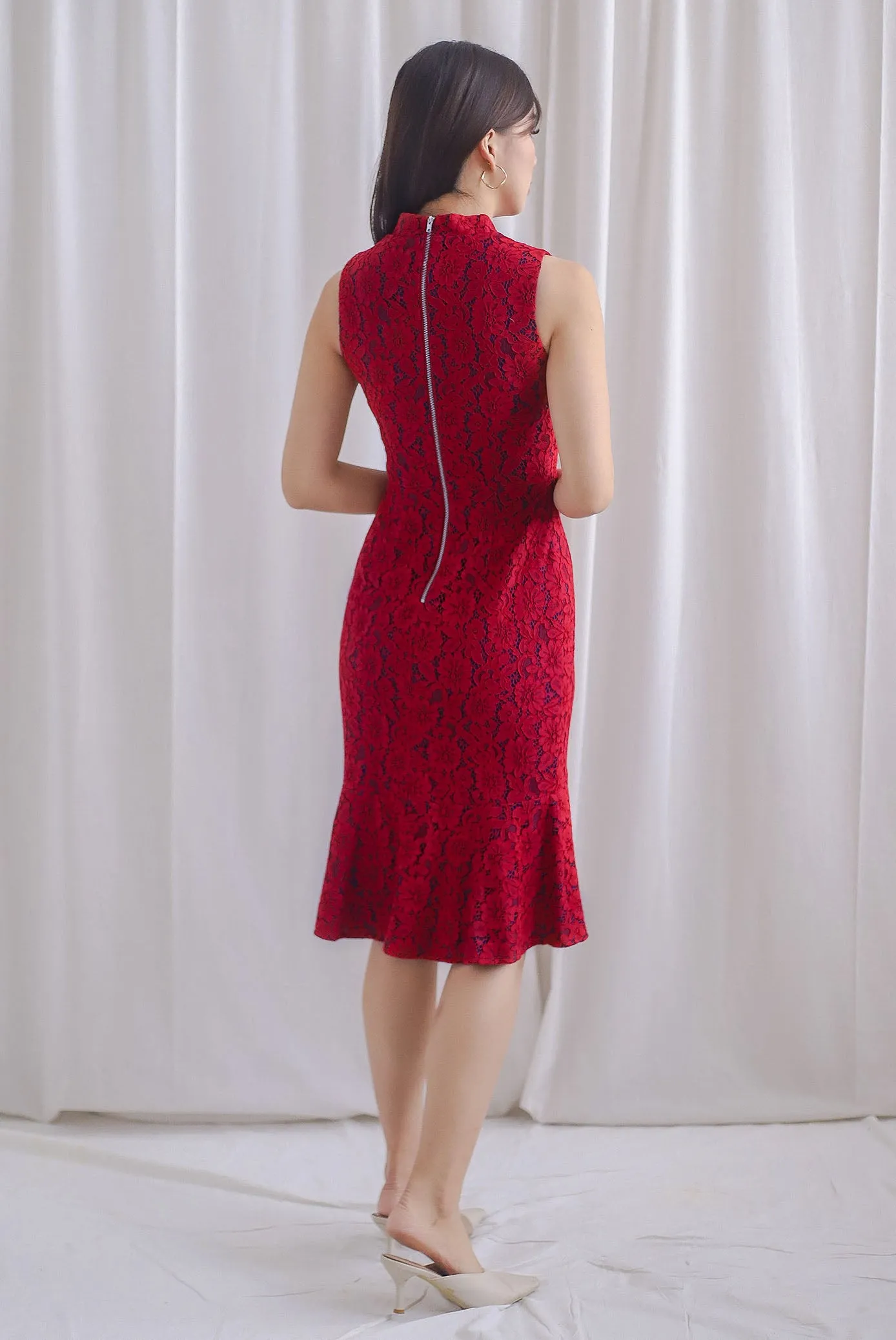 Prosperity Beads Mermaid Oriental Cheongsam Dress In Wine/Navy