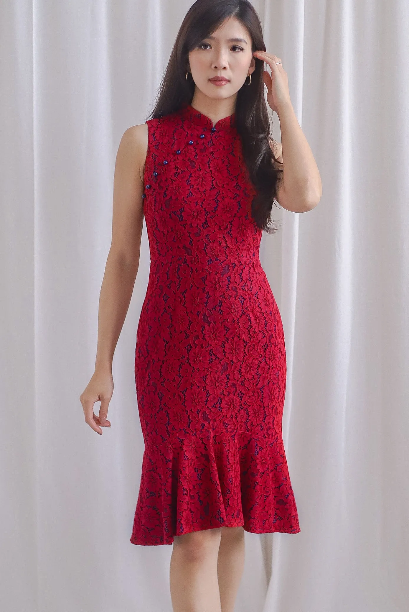 Prosperity Beads Mermaid Oriental Cheongsam Dress In Wine/Navy