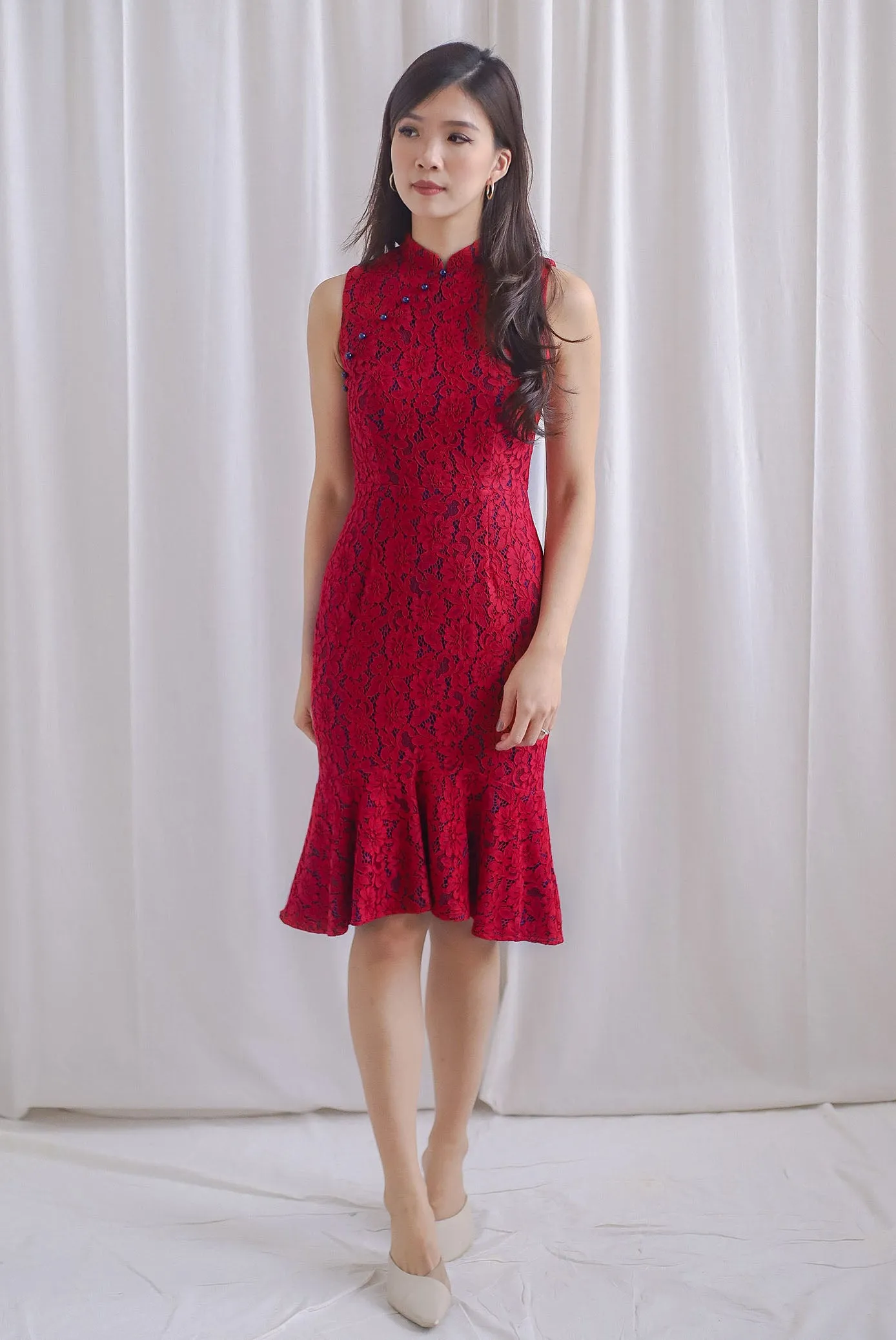 Prosperity Beads Mermaid Oriental Cheongsam Dress In Wine/Navy