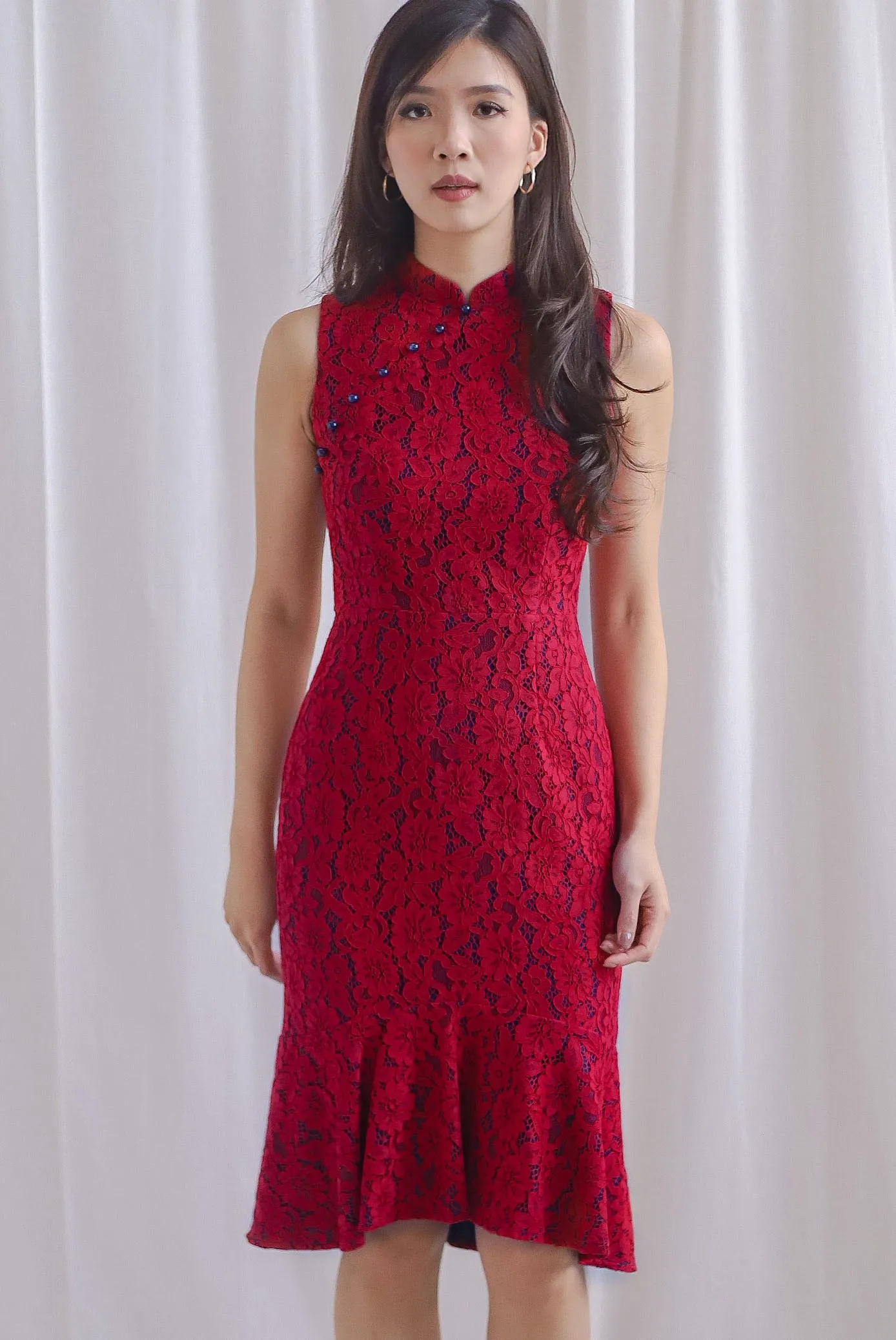 Prosperity Beads Mermaid Oriental Cheongsam Dress In Wine/Navy