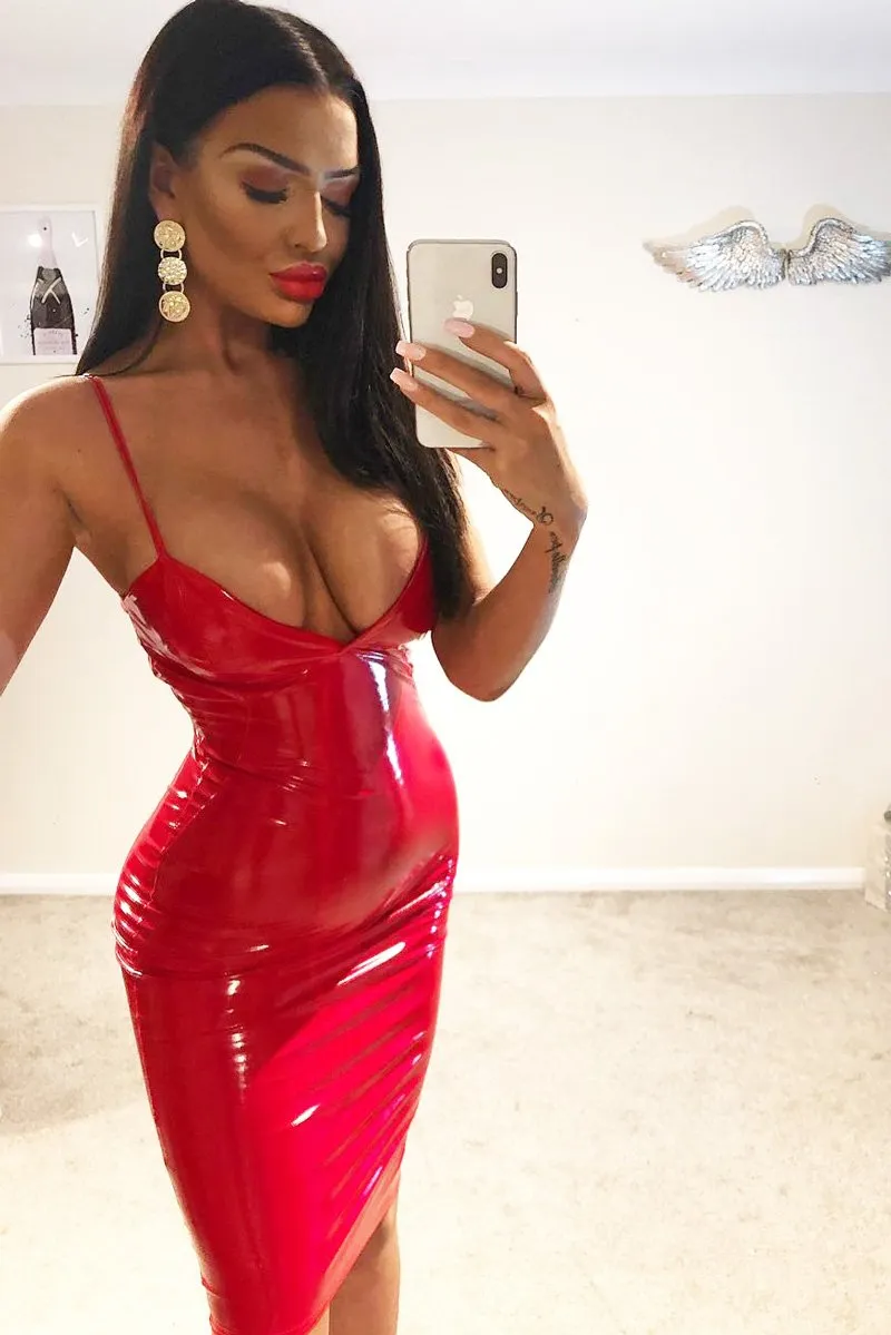 Red Vinyl Plunge Midi Dress - Manuela