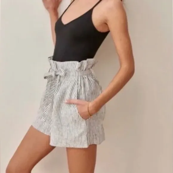 Reformation Theodore Linen Pocket Paperbag Waist Shorts Vineyard Striped Size 8